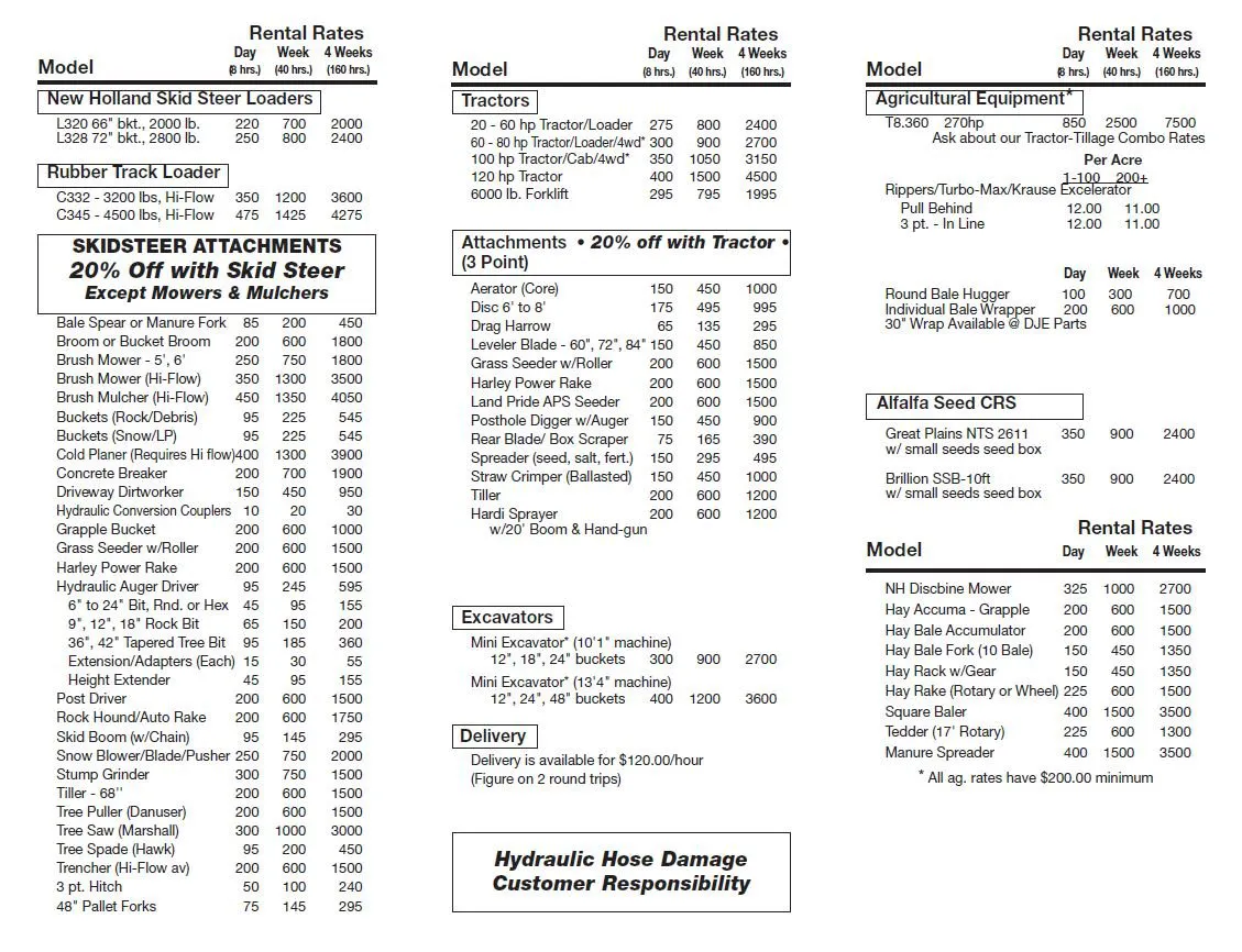 Rental Rates De Jong Equipment